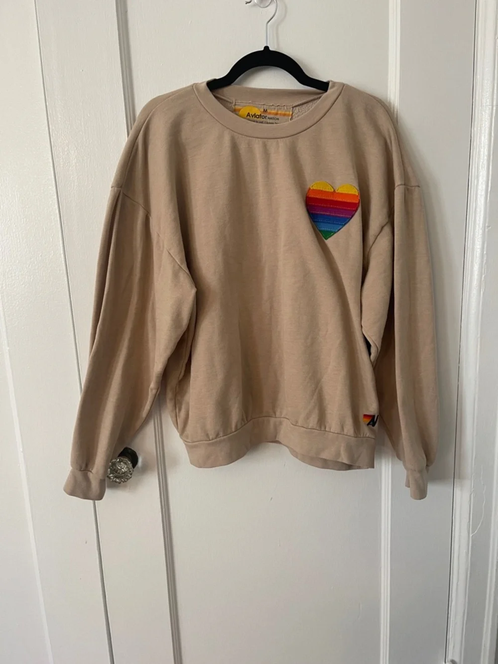 Aviator Nation Beige Sweatshirt with Rainbow Heart Patch - Picture 2 of 10